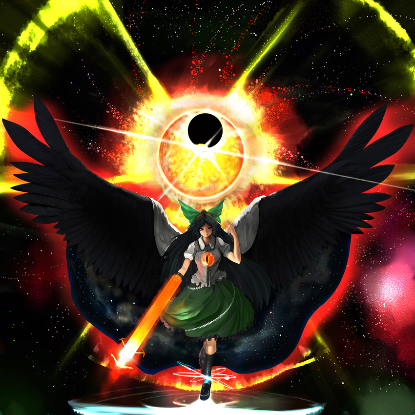 arm_cannon arm_up arugeri black_hair black_sun bow cape eclipse floating glowing hair_bow highres large_bow large_wings long_hair looking_at_viewer paint_splatter pointing radiation_symbol red_eyes reiuji_utsuho ribbon smirk solar_eclipse solo spread_wings star_(sky) sun third_eye touhou weapon wings