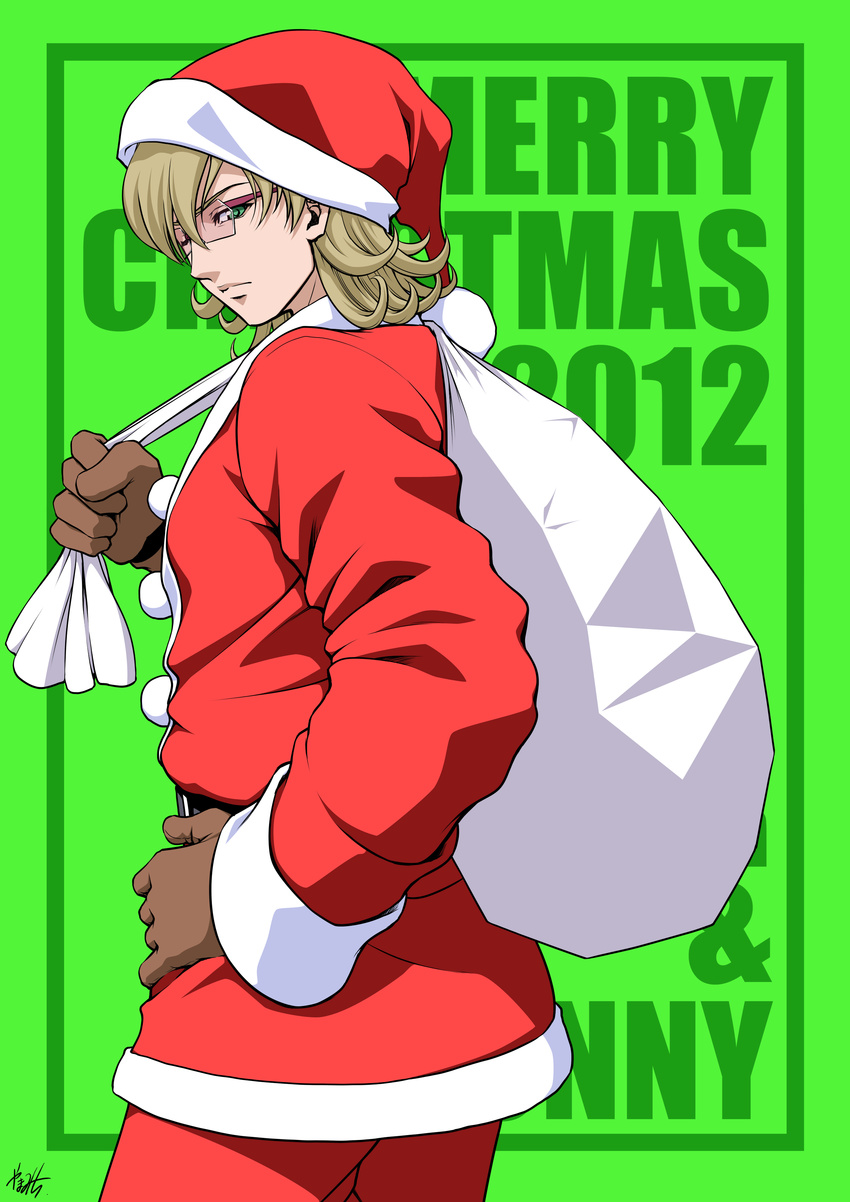 2012 absurdres barnaby_brooks_jr blonde_hair brown_gloves christmas gloves green_eyes hand_on_hip hat highres male_focus merry_christmas one_eye_closed sack santa_costume santa_hat signature solo tiger_&amp;_bunny yama-michi