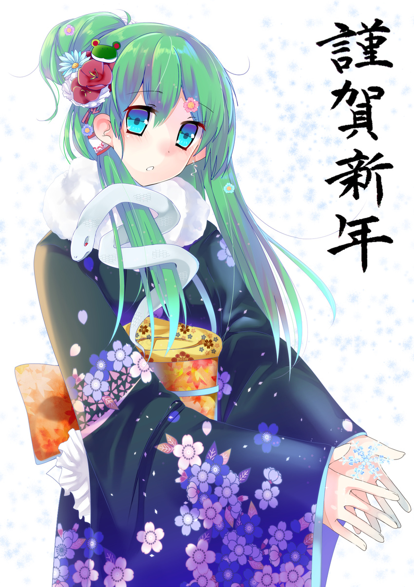 :0 earrings flower frog_hair_ornament green_hair hair_flower hair_ornament hair_tubes highres ice japanese_clothes jewelry kimono kochiya_sanae long_hair mizutori_mishi new_year obi sash snake_hair_ornament snow solo text_focus touhou