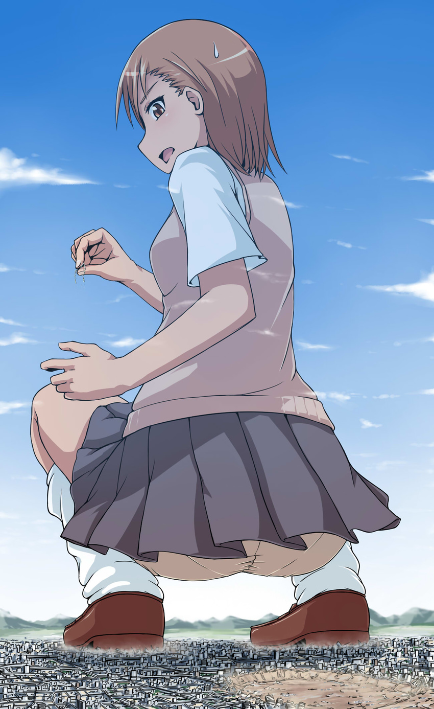 brown_eyes brown_hair city giantess ground_vehicle highres misaka_mikoto open_mouth school_uniform short_hair shorts shorts_under_skirt solo squatting sweater_vest terada_ochiko to_aru_majutsu_no_index train