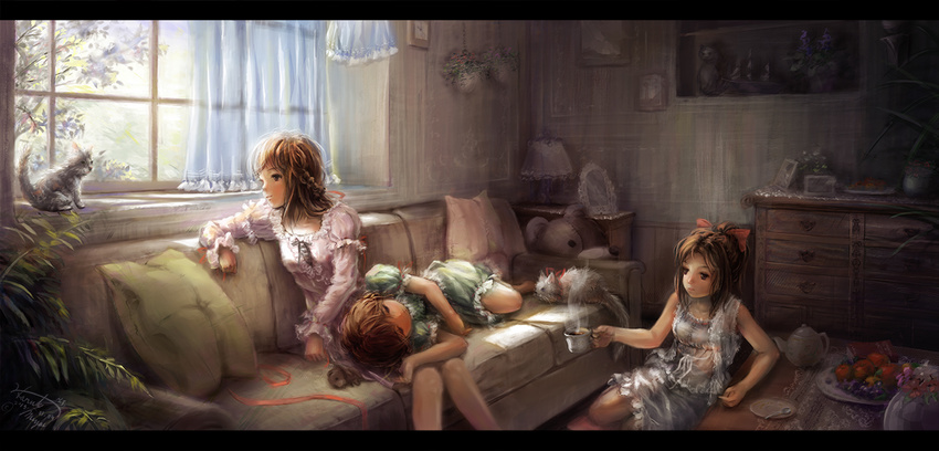 brown_hair cat coffee couch curtains indoors lamp lap_pillow letterboxed miyai_haruki multiple_girls original pillow plant realistic steam stuffed_animal stuffed_toy tea_set window