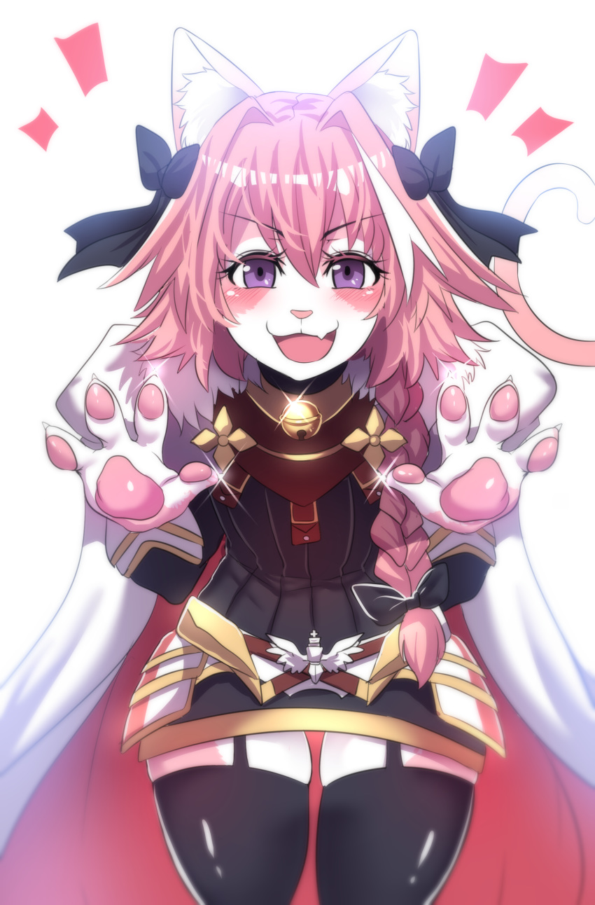 2018 absurd_res astolfo_(fate) bell blush bow_tie canine clothed clothing cute_fangs fate/grand_order fur girly hair hi_res inner_ear_fluff looking_at_viewer male mammal open_mouth pawpads pink_fur pink_hair princesshinghoi purple_eyes solo white_fur