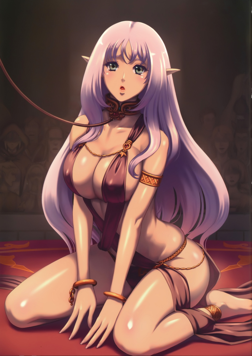 absurdres alternate_costume anklet annelotte barefoot blush bracelet breasts collar eiwa green_eyes highres jewelry large_breasts leash long_hair non-web_source pointy_ears purple_hair queen's_blade queen's_blade_rebellion vante