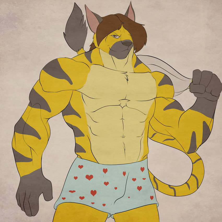 anthro biceps black_fur black_nose boxers brown_eyes brown_hair canine clothed clothing dazen_cobalt fur hair half-dressed heart_boxers lombax male mammal muscles pecs pose ratchet_and_clank solo standing topless underwear yellow_fur