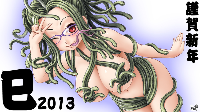 2013 ;p bent_over blush breasts censored cleavage collarbone convenient_censoring forked_tongue glasses gorgon hair_over_breasts highres large_breasts long_hair navel new_year nude one_eye_closed original purple-framed_eyewear red_eyes scales signature skindentation slit_pupils solo tongue tongue_out v yama-michi