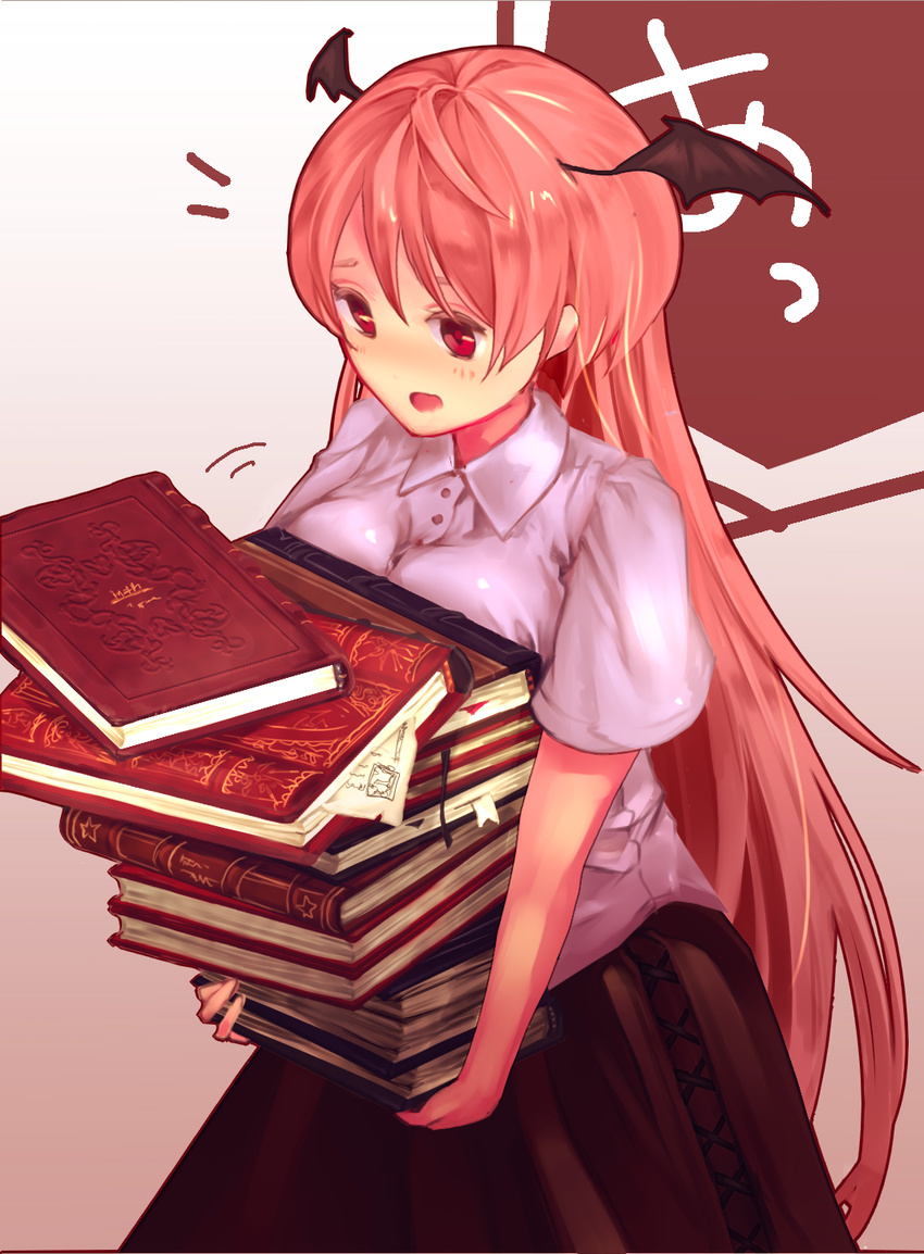 bad_id bad_pixiv_id bat_wings blush book breasts carrying chi_(marooner2) head_wings highres koakuma long_hair no_nose open_mouth pile_of_books red_eyes red_hair skirt solo touhou wings