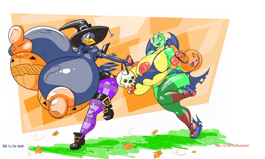 big_breasts breasts busty_bird candy clothing collaboration colored costume fatfoxlower female halloween holidays huge_breasts hyper hyper_breasts jack_o'_lantern jack_o'_lantern jaeh magic_user nipples pumpkin scalie skull tess tight_clothing trick_or_treat witch