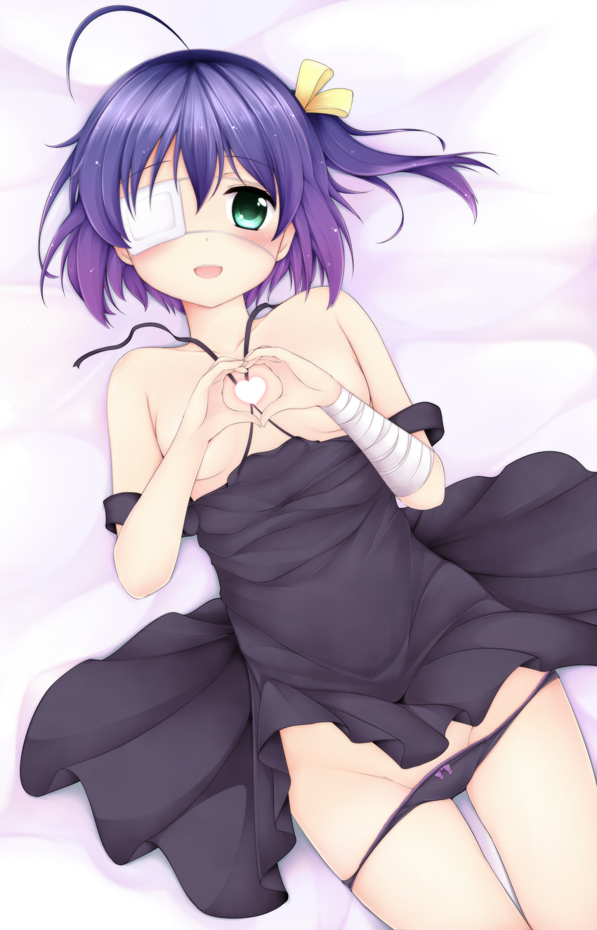 :d absurdres ahoge bandaged_arm bandages bare_shoulders bed_sheet black_dress black_panties blush bow bow_panties breasts chiyami chuunibyou_demo_koi_ga_shitai! collarbone covering covering_breasts dress dress_pull eyebrows_visible_through_hair eyepatch from_above green_eyes groin hair_ribbon hand_gesture head_tilt heart heart_hands highres lace lace-trimmed_panties looking_at_viewer lying moe_moe_kyun! no_bra on_back one_eye_covered one_side_up open_mouth panties panty_pull purple_hair ribbon round_teeth short_hair small_breasts smile solo spaghetti_strap takanashi_rikka teeth thigh_gap underwear untied