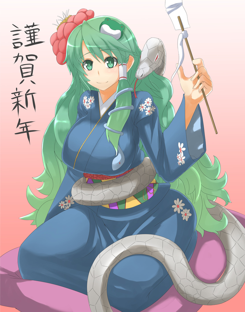 absurdres breasts floral_print flower frog_hair_ornament gohei green_eyes green_hair hair_flower hair_ornament hair_tubes highres japanese_clothes kimono kochiya_sanae large_breasts long_hair marimo_maru obi sash sitting smile snake snake_hair_ornament solo touhou