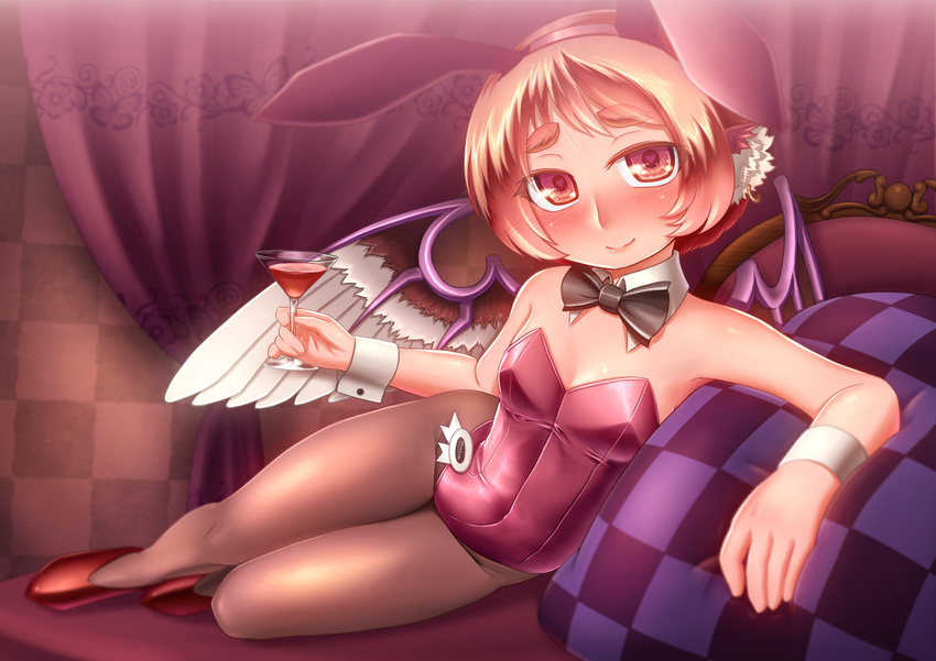 alcohol animal_ears bare_shoulders black_legwear blush bow bowtie bunny_ears bunnysuit checkered checkered_background cocktail_glass cup curtains detached_collar drinking_glass earrings eyebrows fake_animal_ears heart heart-shaped_pupils jewelry lying mystia_lorelei on_side pantyhose pillow red_eyes red_hair short_hair smile solo symbol-shaped_pupils thick_eyebrows tora_(trampjing) touhou wine wings wrist_cuffs
