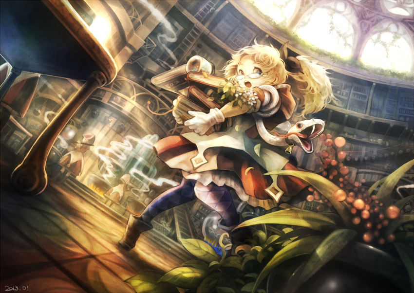 2013 bell blonde_hair book bookshelf bottle dated dutch_angle flower glasses gloves hood hood_down long_hair open_mouth original pantyhose plant ponytail skirt smoke snake standing sui_(petit_comet)