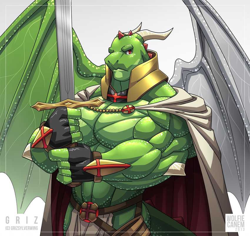 biceps clothed clothing dragon frown green_dragon green_skin griz_sylverwing half-dressed horn hyper lizard loincloth looking_at_viewer male muscles pecs red_eyes scalie sword topless warrior weapon wings wolfiecanem