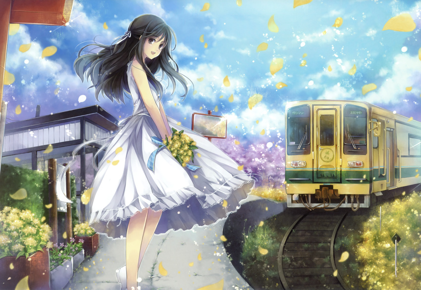 :d absurdres black_eyes black_hair bouquet cloud copyright_request day dress flower ground_vehicle hagiwara_rin hair_ribbon half_updo highres huge_filesize long_hair open_mouth petals railroad_tracks ribbon shoes sky smile solo sundress train