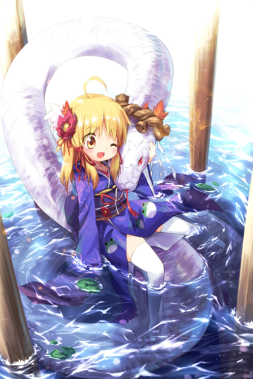 ;d ahoge animal_print ayakashi_(monkeypanch) blonde_hair frog frog_print highres japanese_clothes kimono mishaguji moriya_suwako no_hat no_headwear one_eye_closed open_mouth partially_submerged smile snake solo thighhighs touhou wet wet_clothes white_legwear yasaka_kanako yasaka_kanako_(snake) yellow_eyes