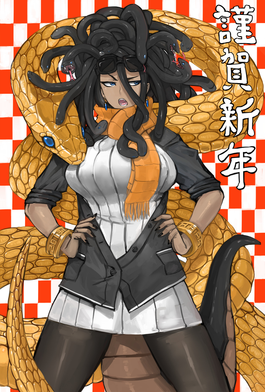 1girl 2013 black_hair blue_eyes bracelet bracelets breasts chinese_zodiac dark_skin dreadlocks earrings fang forked_tongue frown hairlocs hands_on_hips highres jacket jewelry large_breasts long_hair madarame medusa mole monster_girl new_year open_mouth original pantyhose scarf skirt sleeping snake snake_(chinese_zodiac) snake_hair standing sunglasses sweater_dress tail tongue