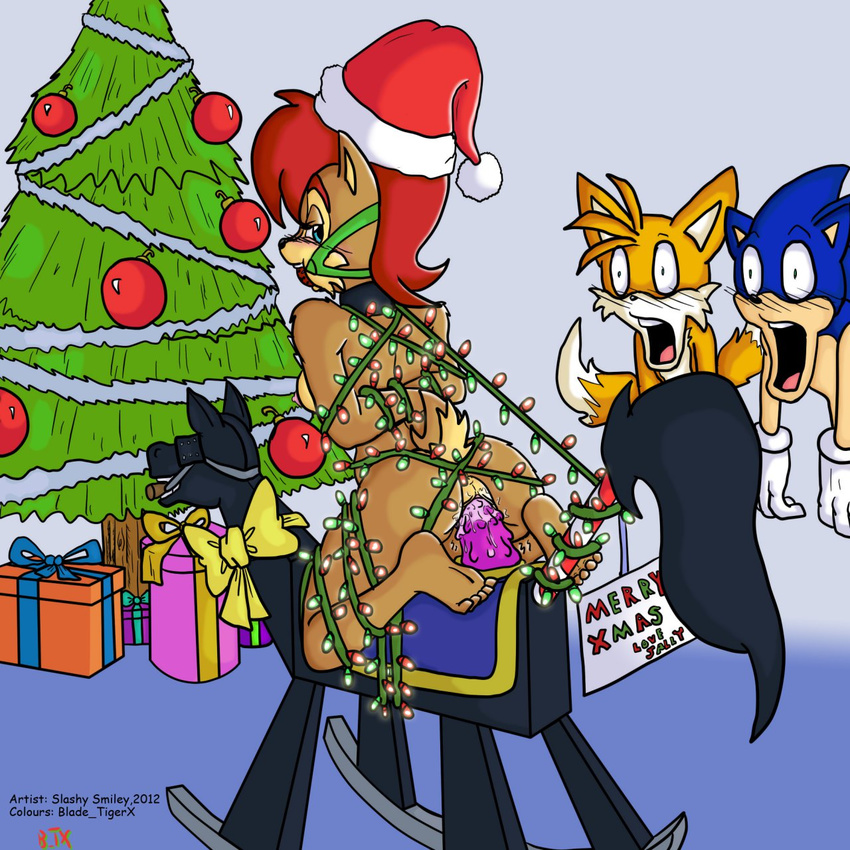 ball_gag bdsm blade_tigerx bondage bound canine christmas dildo dildo_saddle english_text female fox gag gagged group hedgehog holidays mammal miles_prower penetration rocking_horse sally_acorn sega sex_toy slashysmiley sonic_(series) sonic_team sonic_the_hedgehog surprise tails text vaginal vaginal_penetration watching