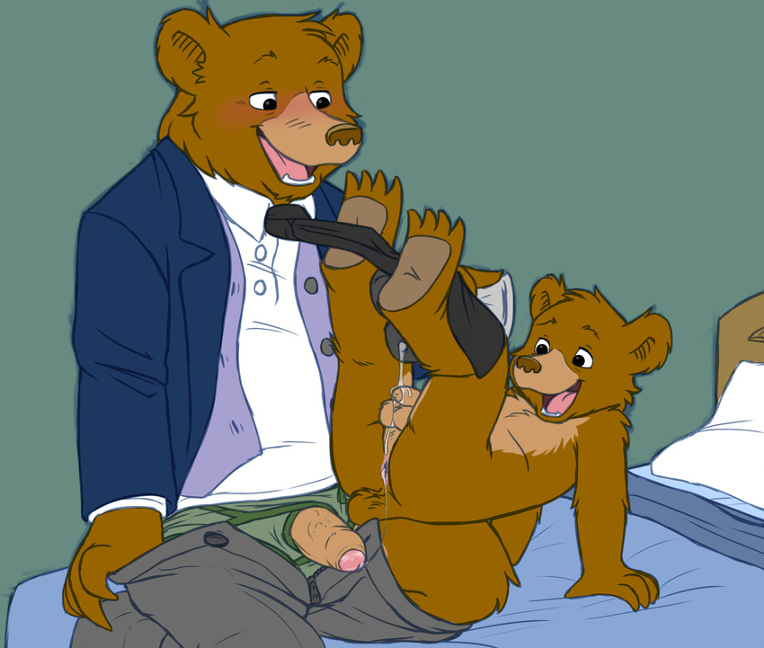 age_difference anthro balls bear bed clothing cobalthusky cub duo erection father father_and_son father_bear fur gay grizzly_bear humanoid_penis incest kneeling legs_up little_bear lube male mammal necktie nude open_pants pants parent penis plain_background son source_request suit uncut young