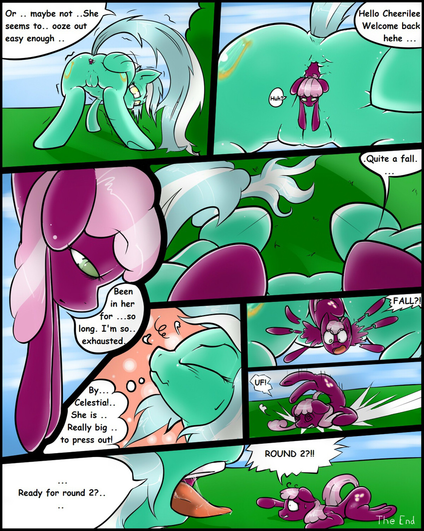 butt cheerilee cheerilee_(mlp) comic cutie_mark drooling duo equine female friendship_is_magic fur green_eyes green_fur gtsdev hair horse lyra_heartstrings lyra_heartstrings_(mlp) mammal my_little_pony open_mouth purple_fur pussy saliva size_difference text tongue tongue_out yellow_eyes