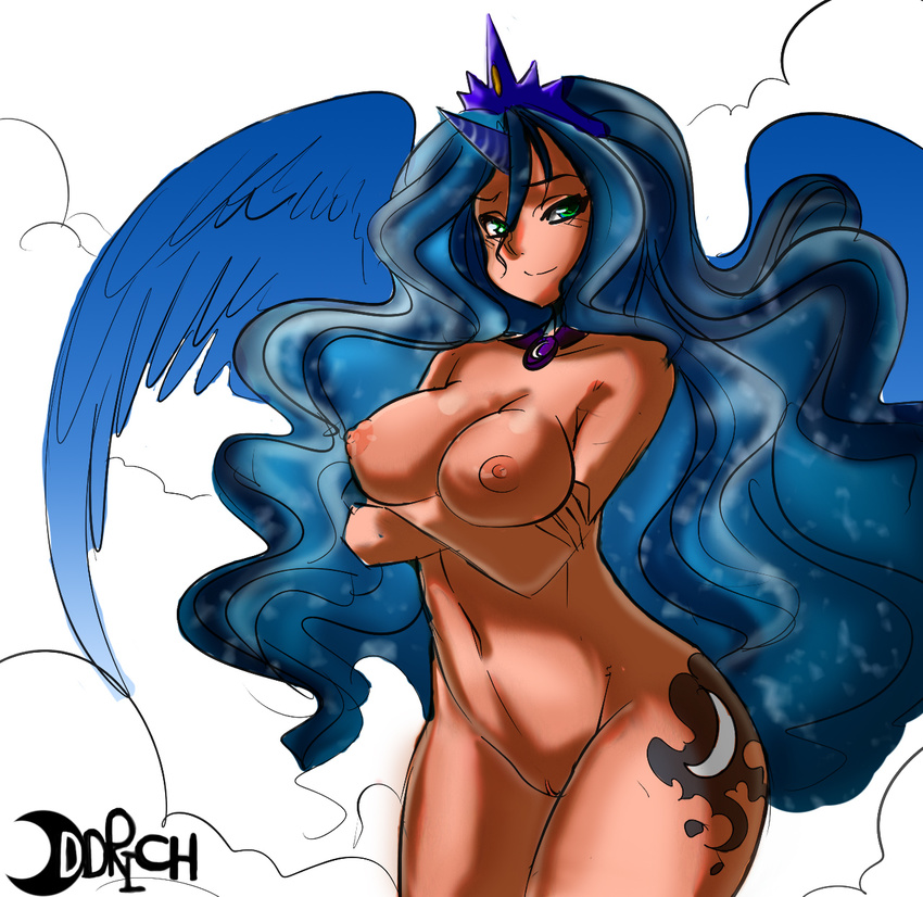 big_breasts blue_eyes blue_hair blush breasts crown cutie_mark equine female friendship_is_magic hair horn human humanized light_skin long_hair looking_at_viewer mammal maniacpaint my_little_pony nipples not_furry nude oddrich princess_luna princess_luna_(mlp) pussy royalty smile solo standing thick_thighs thighs voluptuous wide_hips winged_unicorn wings