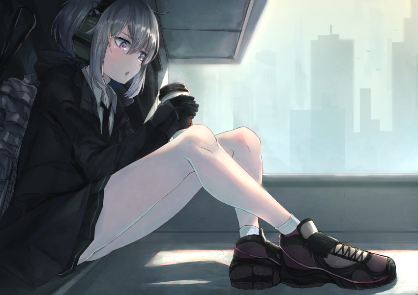 1girl absurdres ahoge backpack bag bangs bare_legs black_gloves black_neckwear black_skirt blush brown_jacket building coffee collared_shirt commentary_request cup dress_shirt fog full_body girls_frontline gloves hakua_mill headset highres holding holding_cup hood hood_down hooded_jacket jacket loose_necktie m200_(girls_frontline) necktie open_clothes open_jacket open_mouth pleated_skirt popped_collar purple_footwear scenery shirt shoes sidelocks silver_hair sitting skirt skyline socks solo wall white_legwear white_shirt