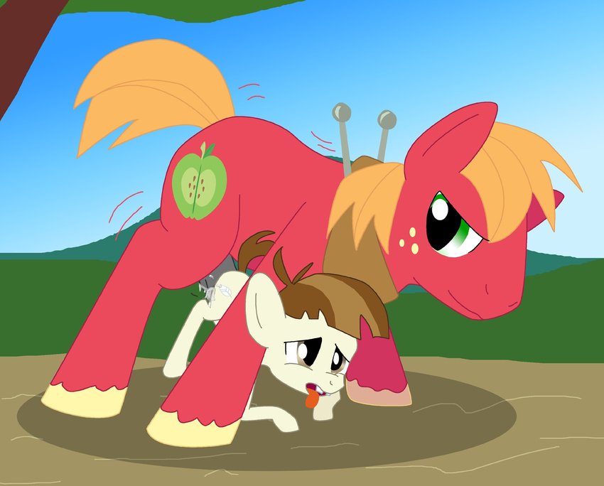 all_fours anal anal_penetration big_macintosh big_macintosh_(mlp) blonde_hair brown_eyes brown_hair cub cutie_mark doggystyle duo equine featherweight featherweight_(mlp) feral friendship_is_magic from_behind fur gay grass green_eyes hair horse male mammal my_little_pony outside penetration penis pony proteus proteusiii red_fur ridiculous_fit sex size_difference sky tongue tongue_out tree two_tone_hair wood yellow_fur yoke young