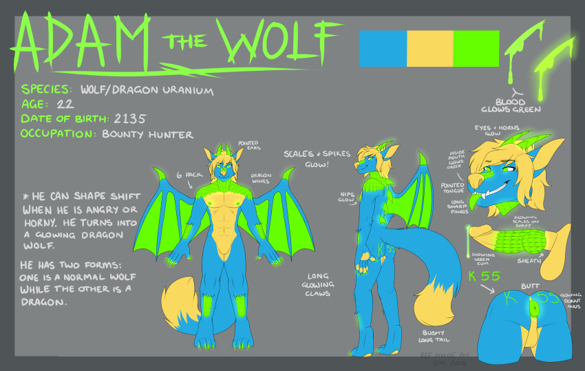 adam_the_wolf bounty_hunter canine dragon emitheempress glowing knot male mammal model_sheet solo wolf