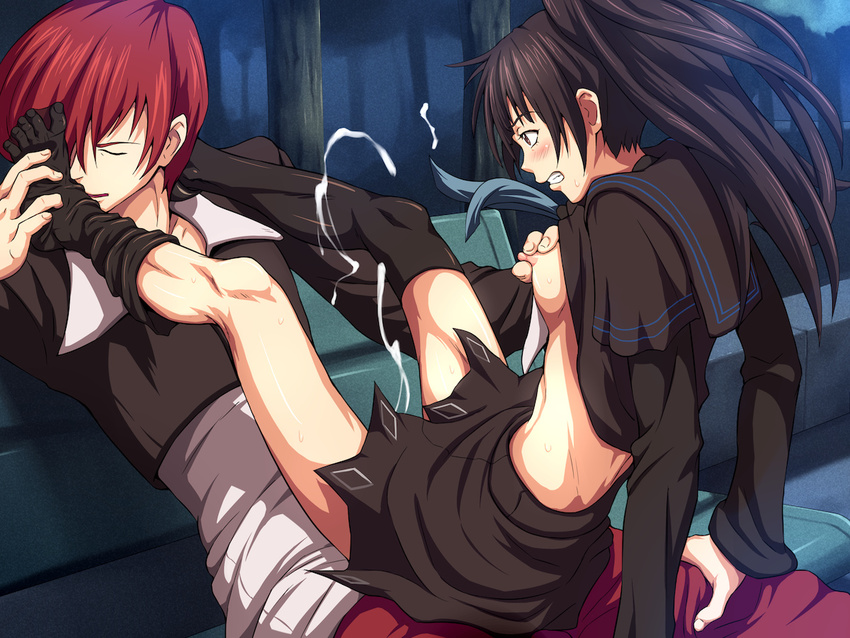 1boy 1girl black_hair breasts feet foot_worship iori_yagami king_of_fighters kurosaki_miu long_hair maku_(l-u) miu_kurosaki red_hair snk toes yagami_iori