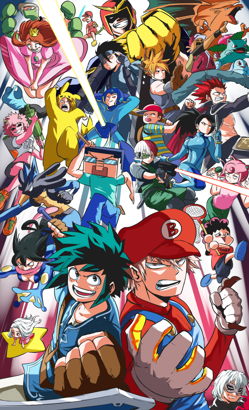 6+boys 6+girls absurdres aizawa_shouta all_might amamiya_ren amamiya_ren_(cosplay) aoyama_yuuga ashido_mina asui_tsuyu bakugou_katsuki black_hair boku_no_hero_academia captain_falcon captain_falcon_(cosplay) charizard clenched_hand cloud_strife cloud_strife_(cosplay) cosplay crossover diamond_pickaxe diddy_kong diddy_kong_(cosplay) donkey_kong_(series) english_commentary eri_(boku_no_hero_academia) everyone f-zero final_fantasy final_fantasy_vii floating fox_mccloud fox_mccloud_(cosplay) ganondorf ganondorf_(cosplay) gen_1_pokemon gen_4_pokemon gen_6_pokemon greninja greninja_(cosplay) gun hagakure_tooru highres holding holding_gun holding_weapon horns iida_tenya inkling inkling_(cosplay) ivysaur jigglypuff jigglypuff_(cosplay) jigglypuff_ears jirou_kyouka kaminari_denki kirby kirby_(cosplay) kirby_(series) kirishima_eijirou kouda_kouji link link_(cosplay) little_mac little_mac_(cosplay) lucario lucario_(cosplay) mario mario_(cosplay) mario_(series) metroid midoriya_izuku minecraft multiple_boys multiple_crossover multiple_girls ness ness_(cosplay) ojiro_mashirao one-punch_man onesie open_hand open_mouth oppai_hoodie persona persona_5 pikachu pikachu_(cosplay) pokemon pokemon_(game) princess_peach princess_peach_(cosplay) punch-out!! red_(pokemon) red_(pokemon)_(cosplay) red_hair rockman rockman_(character) rockman_(character)_(cosplay) rockman_(classic) samus_aran samus_aran_(cosplay) satou_rikidou sero_hanta shigaraki_tomura shouji_mezou single_horn solid_snake solid_snake_(cosplay) splatoon_(series) squirtle star_(symbol) star_fox steve_(minecraft) steve_(minecraft)_(cosplay) super_smash_bros. the_legend_of_zelda the_legend_of_zelda:_breath_of_the_wild thick_lips tina_fate todoroki_shouto tokoyami_fumikage uraraka_ochako weapon white_hair yaoyorozu_momo zero_suit