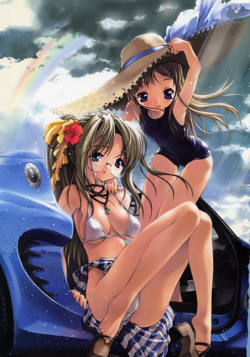 :d absurdres arm_up armpits bangs barefoot bent_over bikini black_school_swimsuit blue_eyes breasts brown_hair car cleavage cloud day feet flat_chest flower glasses grey_hair ground_vehicle hair_flower hair_ornament hairclip hat hibiscus high_heels highres jewelry large_breasts legs light_rays long_hair long_legs lotus_(brand) lotus_elise miwa_yoshikazu motor_vehicle multiple_girls necklace one-piece_swimsuit open_mouth original outdoors parted_bangs pendant ponytail rainbow sandals sarong school_swimsuit shoe_dangle shoes sideboob sitting sky smile standing straw_hat striped striped_sarong sunbeam sunlight swimsuit underboob wet white_bikini