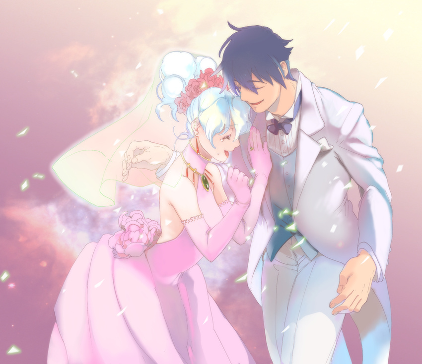 1girl blue_hair bridal_veil bride dress elbow_gloves flower gloves happy jewelry kanke_(yonkuma) nia_teppelin ponytail ring rose short_hair simon sky smile tears tengen_toppa_gurren_lagann tuxedo veil wedding wedding_dress