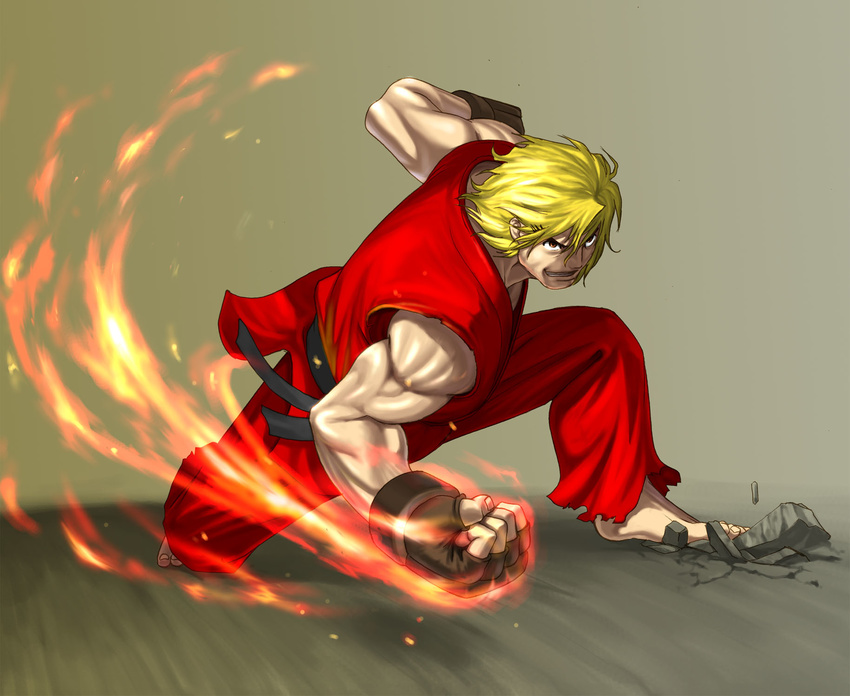 blonde_hair dougi fire ground_shatter highres kazue ken_masters male_focus muscle punching shouryuuken smile solo street_fighter uppercut