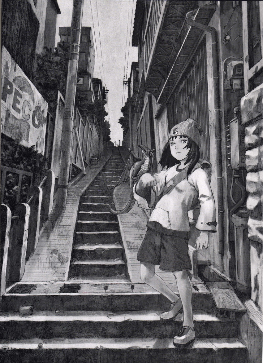 abe_yoshitoshi copyright_request dragon greyscale hat highres monochrome perspective shorts solo stairs