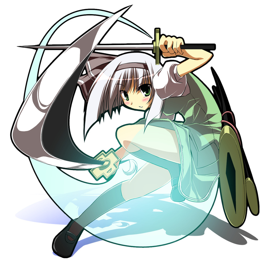 dual_wielding foreshortening green_eyes hairband highres hitodama holding katana konpaku_youmu konpaku_youmu_(ghost) sakurame scabbard sheath short_hair solo sword touhou transparent weapon white_hair