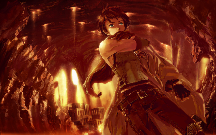 bad_id bad_pixiv_id blue_eyes brown_hair cave fingerless_gloves gloves katou_taira male_focus original red solo wallpaper widescreen