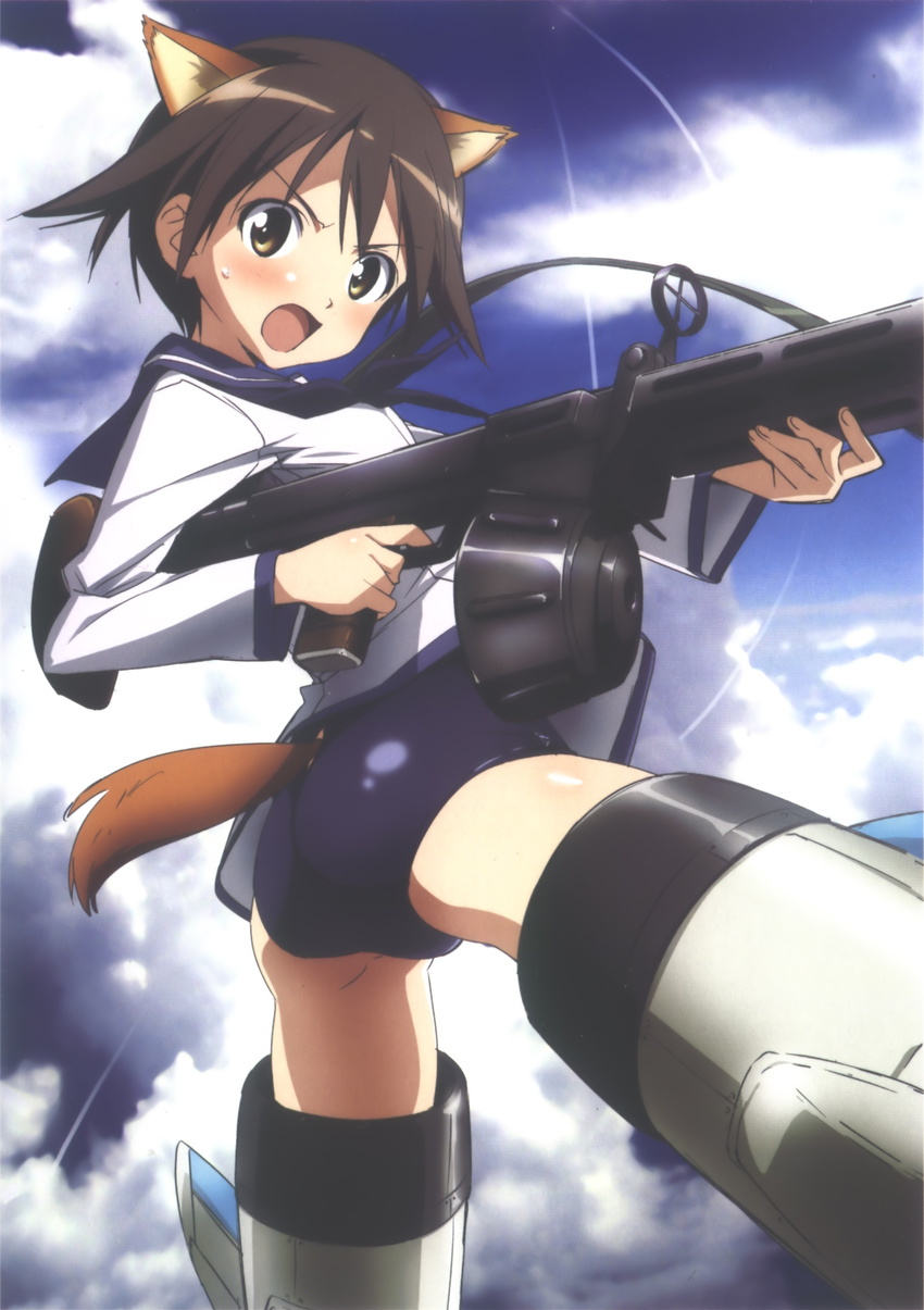 absurdres aiming angry animal_ears ass bangs black_hair blue_neckwear blue_sailor_collar blue_sky blue_swimsuit blush breasts brown_eyes cloud condensation_trail day dog_ears dog_tail drum_magazine eyebrows_visible_through_hair finger_on_trigger floating from_side groin_tendon gun heavy_machine_gun highres holding holding_gun holding_weapon legs_apart long_sleeves looking_at_viewer looking_back looking_to_the_side machine_gun mecha_musume miyafuji_yoshika neckerchief no_pants official_art one-piece_swimsuit open_mouth outdoors parted_bangs sailor_collar scan school_swimsuit school_uniform serafuku shiny shiny_clothes shiny_hair shiny_skin shirt short_hair sky small_breasts solo strike_witches striker_unit sweatdrop swimsuit swimsuit_under_clothes tail tail_cutout tail_through_clothes takamura_kazuhiro type_99_cannon v-shaped_eyebrows weapon white_shirt world_witches_series