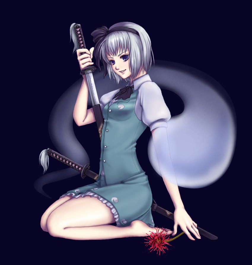 bad_id bad_pixiv_id barefoot blue_eyes flower ghost hitodama katana kneeling konpaku_youmu konpaku_youmu_(ghost) ouka_mai ribbon sheath sheathed short_hair silver_hair smile solo spider_lily sword touhou unsheathing weapon