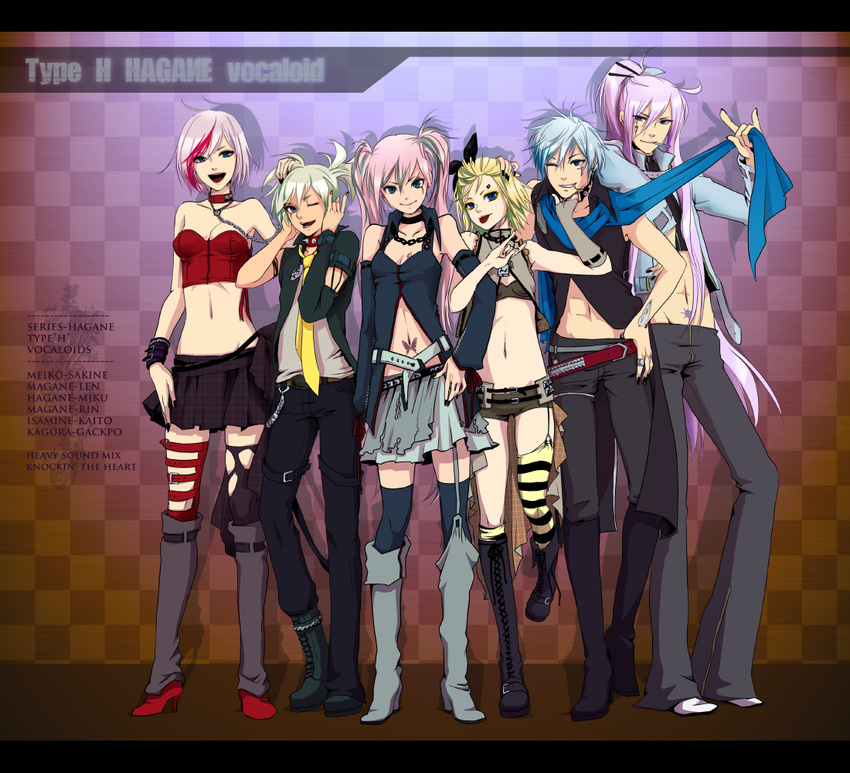 3girls asymmetrical_clothes belt brother_and_sister chain checkered choker cigarette detached_sleeves everyone eyebrow_piercing fingerless_gloves gloves hagane_miku hagane_vocaloid hatsune_miku highlights isamine_kaito kagamine_len kagamine_rin kagura_gakupo kaito kamui_gakupo letterboxed lineup long_hair magane_len magane_rin meiko midriff mismatched_legwear momopanda multicolored_hair multiple_boys multiple_girls navel navel_piercing necktie piercing sakerune_meiko short_hair siblings single_thighhigh smoking striped striped_legwear tattoo thigh_strap thighhighs torn_clothes twins twintails two-tone_hair vocaloid