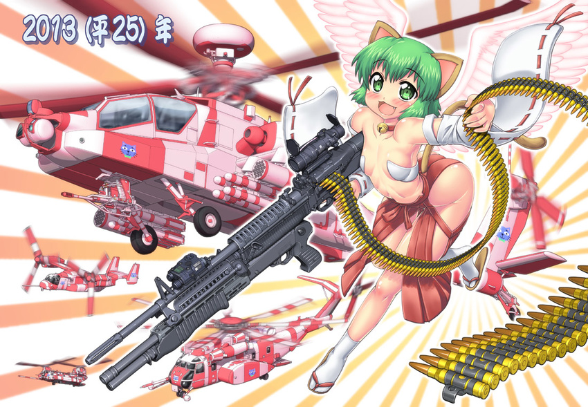 2013 :3 ah-64_apache aircraft ammunition_belt animal_ears bare_legs bare_shoulders bell bell_collar blush bullet cat_ears cat_tail ch-47_chinook collar detached_sleeves fang green_eyes green_hair gun hase_yu helicopter itasha m60 missile motion_blur nontraditional_miko nyano open_mouth original rifle short_hair shotgun smile solo spas-12 tail tiltrotor underbarrel_shotgun v-22_osprey weapon wings