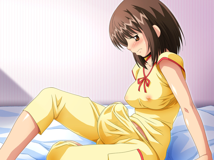 1girl bed blush breasts brown_eyes brown_hair bulge erect_nipples futanari highres large_breasts pajamas ribbon short_hair solo studio_sunadokei suzumiya_haruhi suzumiya_haruhi_no_netsubou suzumiya_haruhi_no_yuuutsu