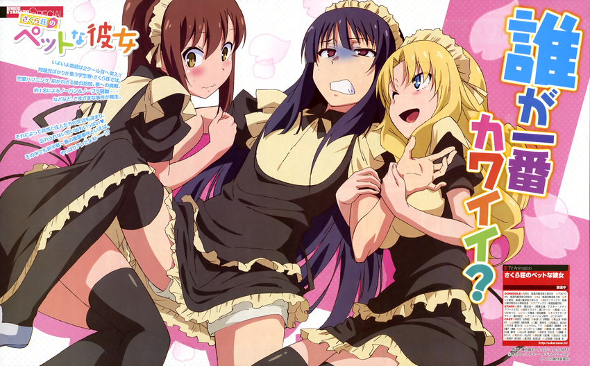 2girls ;d absurdres akasaka_ryuunosuke alternate_costume aoyama_nanami arm_holding black_legwear blush clenched_teeth crossdressing dengeki_g's enmaided frills fujii_masahiro girl_sandwich highres maid maid_headdress multiple_girls official_art one_eye_closed open_mouth otoko_no_ko petals rita_ainsworth sakura-sou_no_pet_na_kanojo sandwiched scan shorts shorts_under_skirt smile sweat teeth thighhighs translation_request turn_pale wavy_mouth zettai_ryouiki