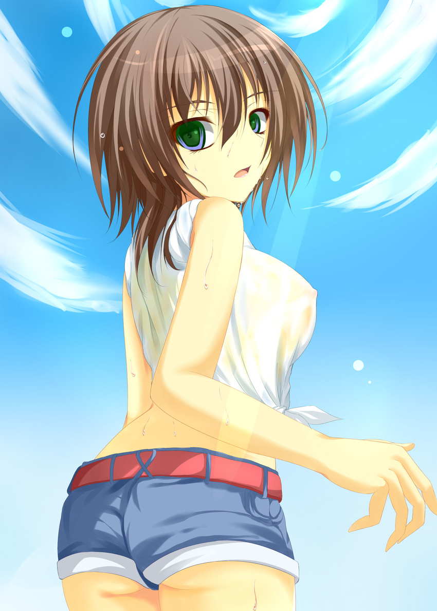 1girl absurdres belt brown_hair character_request cloud clouds green_eyes highres nakadadaichi open_mouth short_hair shorts sky solo wet