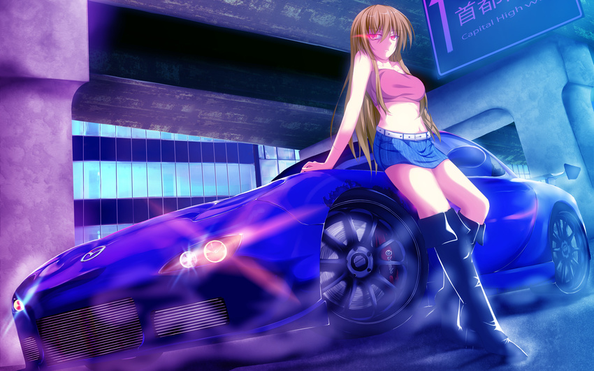 1girl absurdres belt car character_request fang highres long_hair mazda motor_vehicle nakadadaichi red_eyes skirt solo thighhighs vehicle zettai_ryouiki