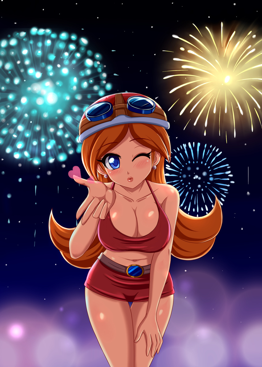 ;) blown_kiss blue_eyes blush breasts brown_hair cleavage crop_top earrings fireworks goggles goggles_on_head hand_on_thigh helmet highres jewelry large_breasts long_hair looking_at_viewer midriff mona_(warioware) night night_sky one_eye_closed shorts sigurd_hosenfeld sky smile solo thigh_gap warioware