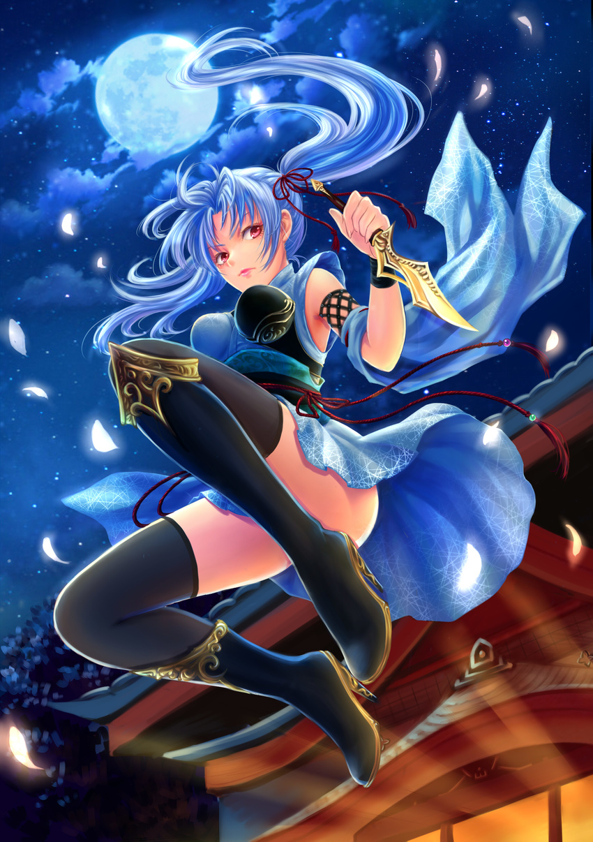 absurdres black_legwear blue_hair blush cloud cloudy_sky convenient_leg fishnets full_moon high_heels highres japanese_clothes jumping knife legs long_hair long_legs looking_at_viewer moon night night_sky ninja original petals red_eyes reverse_grip shoes sky solo syrinxwell311 thighhighs thighs twintails weapon wristband