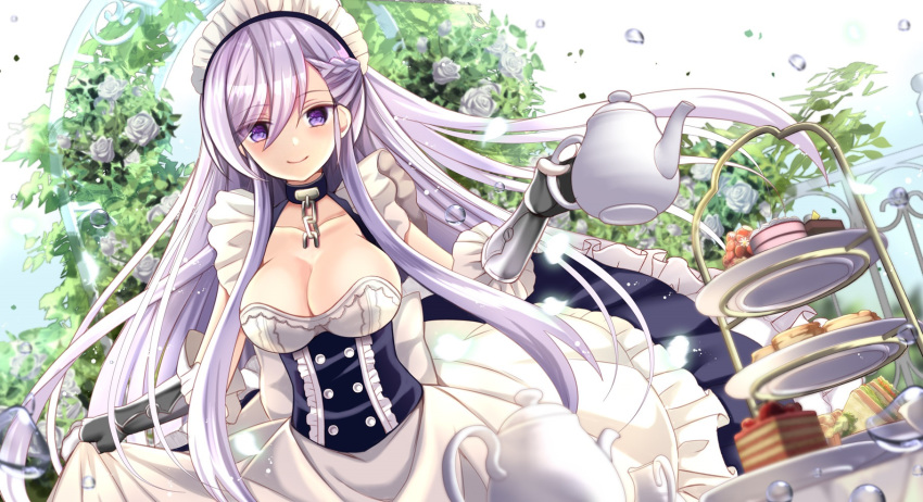 anthropomorphism armor azur_lane belfast_(azur_lane) braids breasts cake cleavage collar dress elbow_gloves flowers food gloves gray_hair headdress long_hair maid nozomi_fuuten purple_eyes rose skirt_lift water