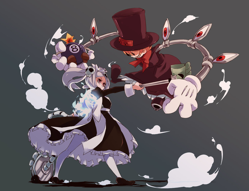 apron bloody_marie_(skullgirls) bow dress eye_socket george_the_bomb gloves hair_ornament hat maid maid_headdress multiple_girls pantyhose peacock_(skullgirls) skull skullgirls top_hat twintails vacuum_cleaner