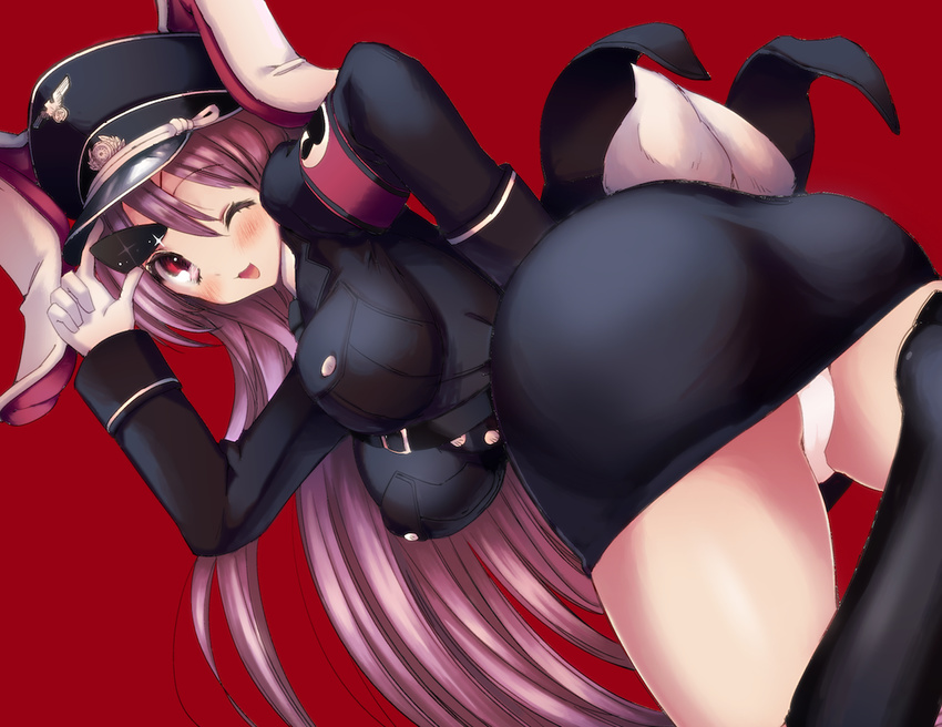 alternate_costume animal_ears ass bad_id bad_pixiv_id bent_over blush breasts bunny_ears cream_(nipakupa) gloves hat large_breasts lavender_hair long_hair looking_at_viewer military military_hat one_eye_closed open_mouth panties pantyshot red_background red_eyes reisen_udongein_inaba simple_background smile solo touhou underwear very_long_hair white_gloves white_panties