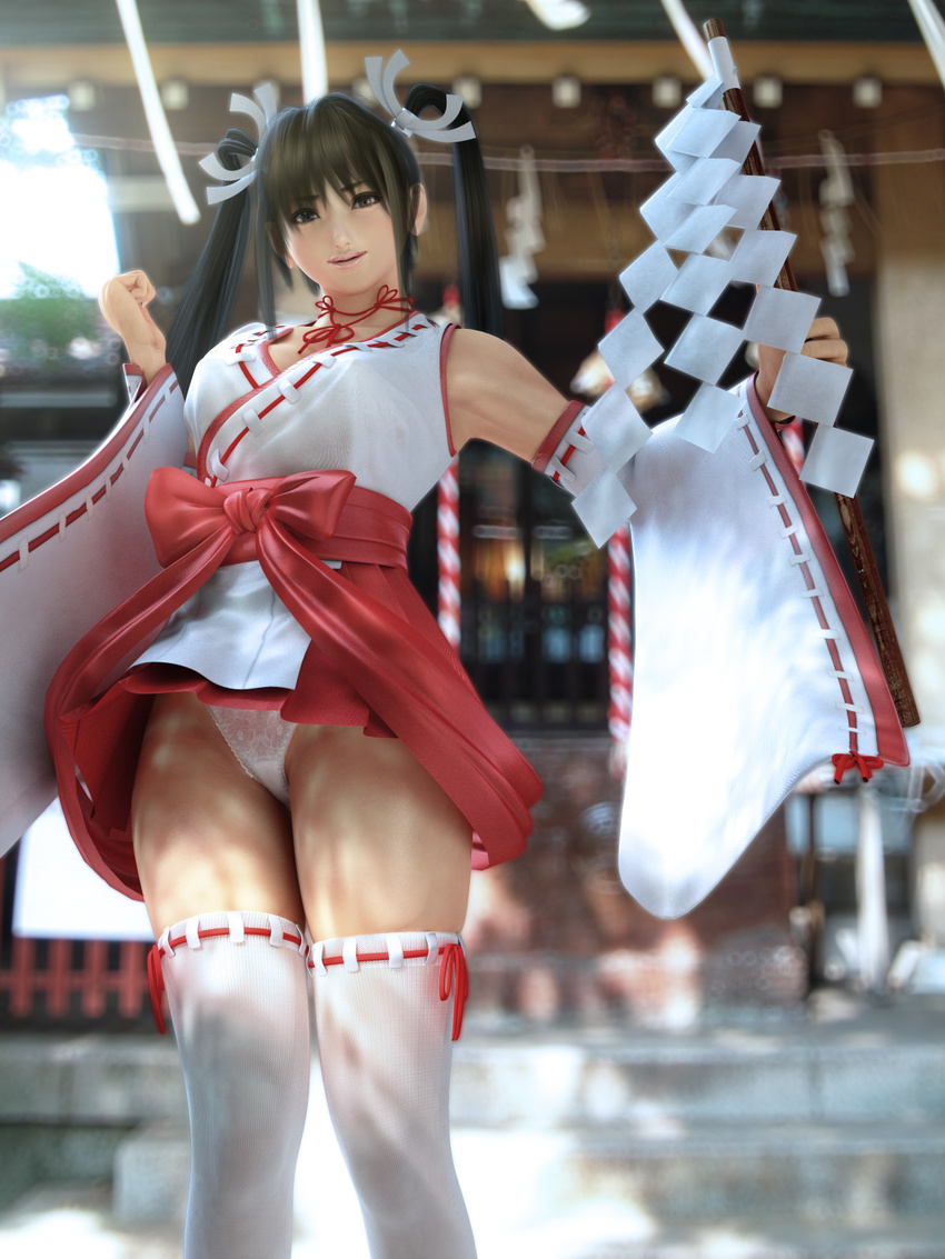 3d highres incise_soul japanese_clothes lace m-rs miko panties thighhighs underwear white_panties