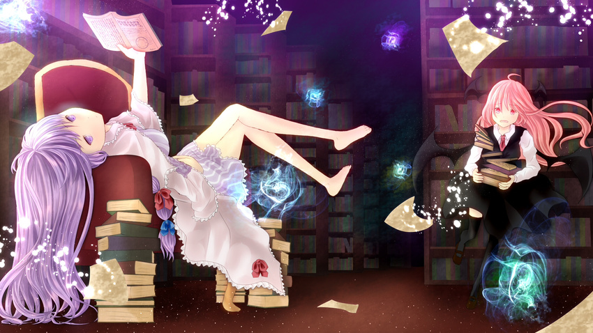 arm_up bare_legs barefoot bat_wings black_dress black_legwear book book_stack bookshelf capelet carrying coat cubit dress flying_paper hair_ribbon hand_on_own_stomach head_wings highres holding_up koakuma library lights long_hair long_sleeves looking_at_viewer lying magic multiple_girls necktie no_hat no_headwear on_back open_clothes open_coat open_mouth paper patchouli_knowledge purple_dress purple_eyes purple_hair red_dress red_eyes ribbon striped striped_dress thighhighs touhou tress_ribbon tripping wings zettai_ryouiki