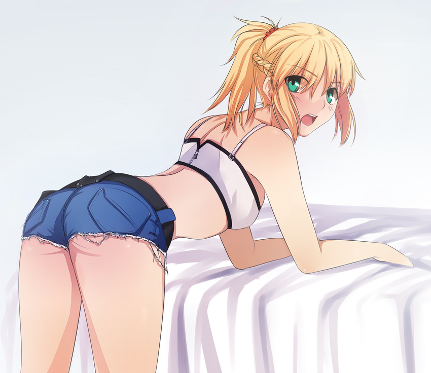 ass back bed belt bent_over blonde_hair blush braid breasts camisole casual contemporary cutoffs denim denim_shorts fate/apocrypha fate_(series) french_braid full-face_blush green_eyes highres long_hair mordred_(fate) mordred_(fate)_(all) ponytail red_scrunchie scrunchie shorts small_breasts solo tusia